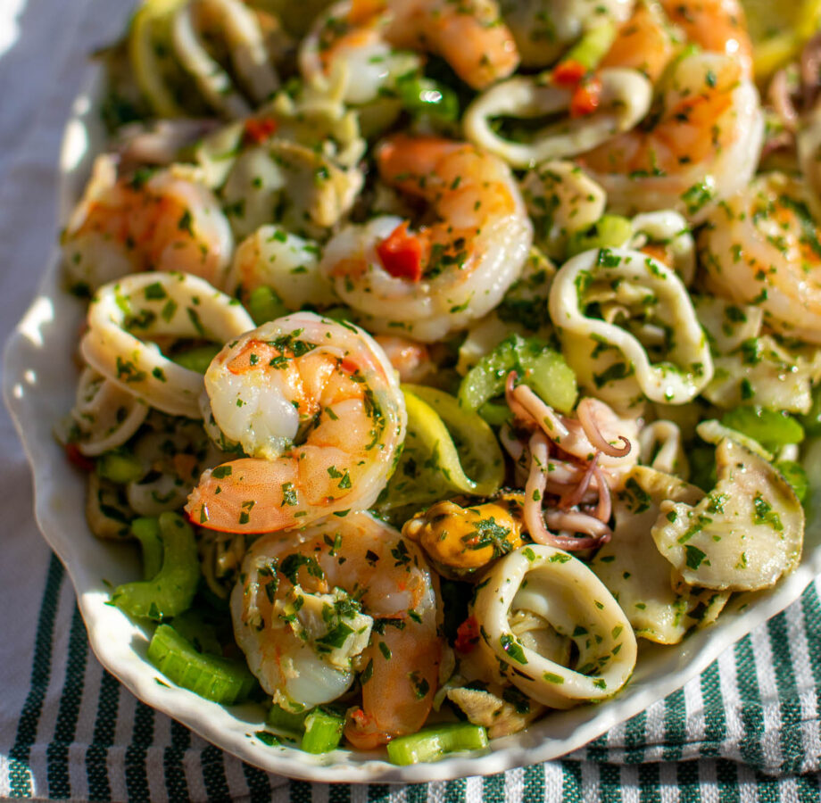 Italian Seafood Salad on a serving platter.