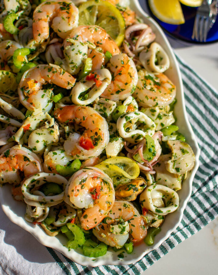 Seafood salad on a serving platter.