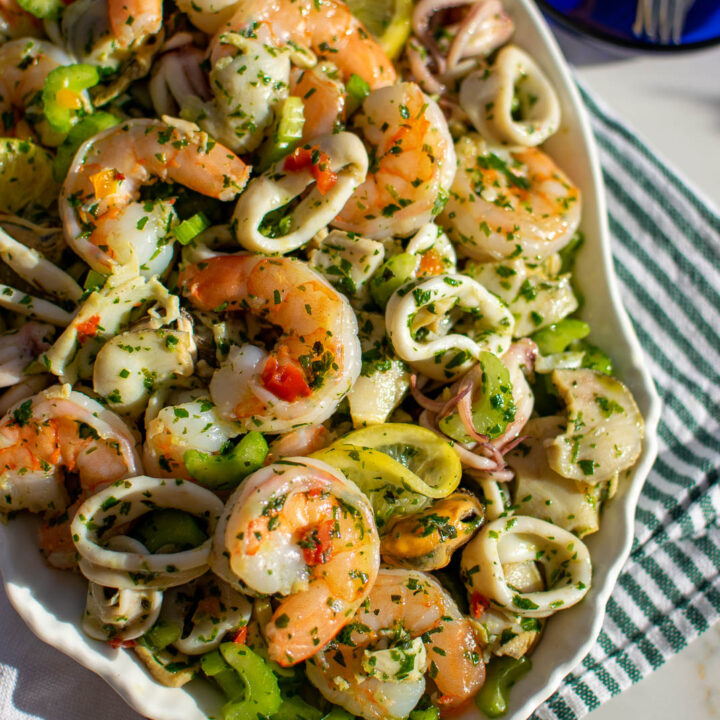 Seafood salad on a serving platter.