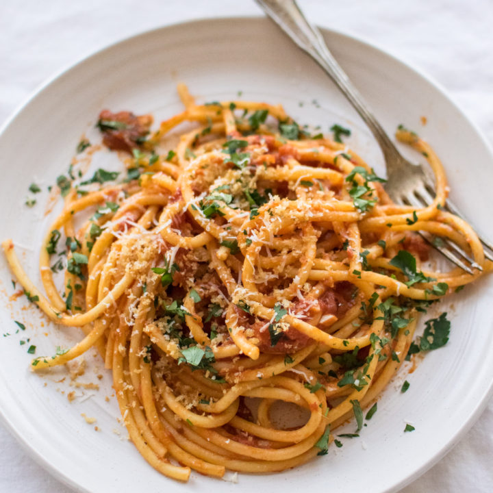 Bucatini with Anchovy Tomato Sauce and Pecorino Breadcrumbs | Carolyn's ...
