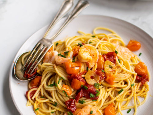 Spaghetti with Saffron Roasted Tomatoes and Shrimp | Carolyn's Cooking