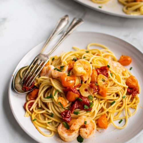 Spaghetti with Saffron Roasted Tomatoes and Shrimp | Carolyn's Cooking