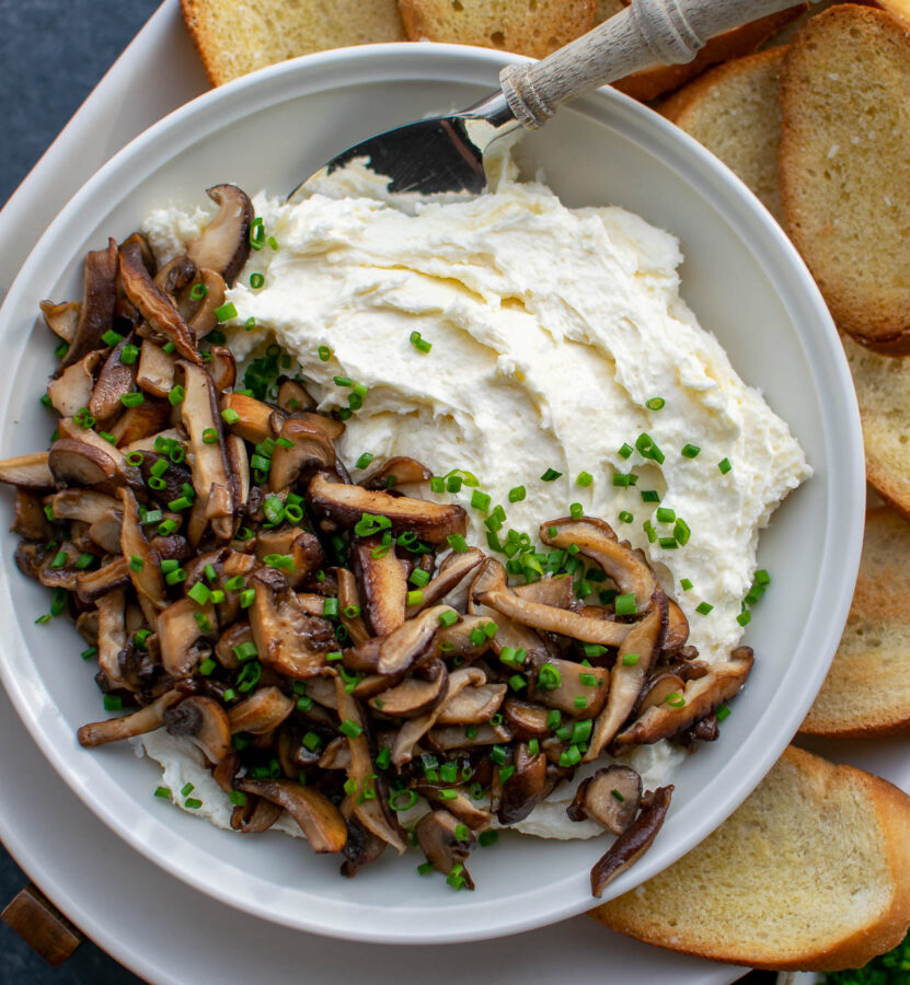 Whipped Camembert Butter with Mushrooms in a serving bowl. 