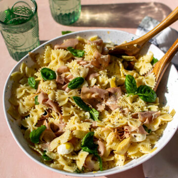 Mortadella and Marinated Artichoke Pasta Salad in a serving bowl.