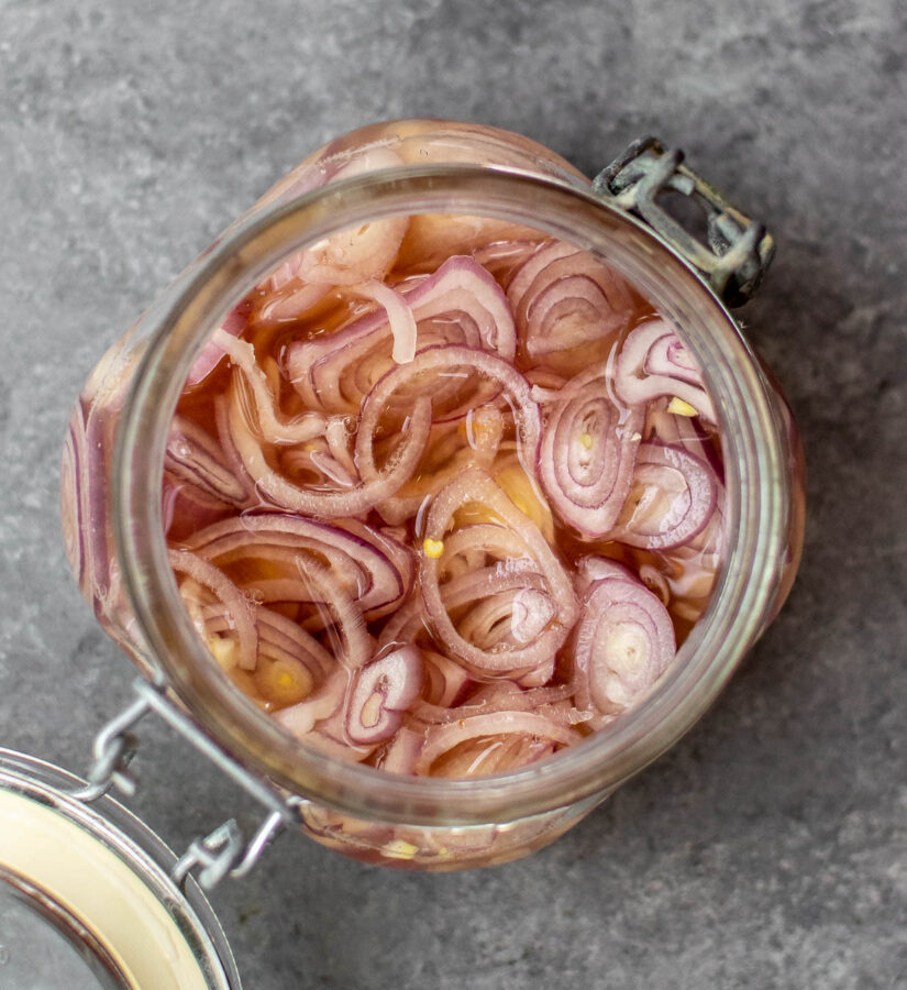 Quick Pickled Shallots in a jar.