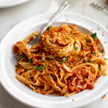 Pasta with Spicy Crab Sauce in a bowl. Topped with fried breadcrumbs.