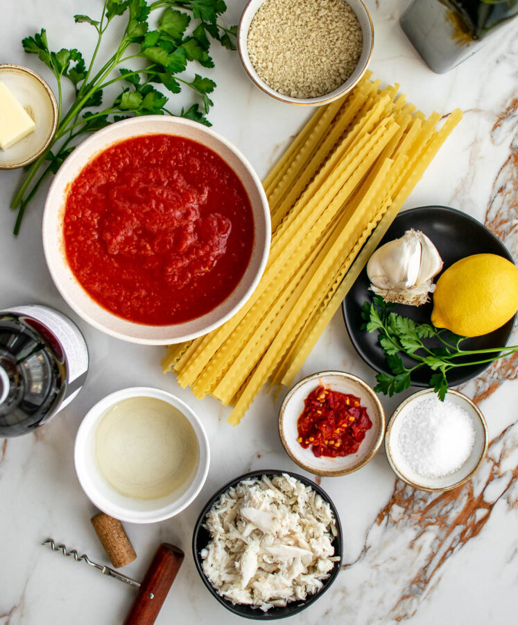 Ingredients for Pasta with Spicy Crab Sauce.