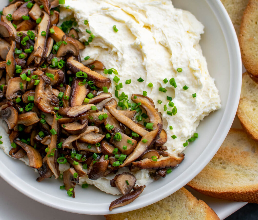 Whipped Camembert Butter with Mushrooms in a serving bowl.